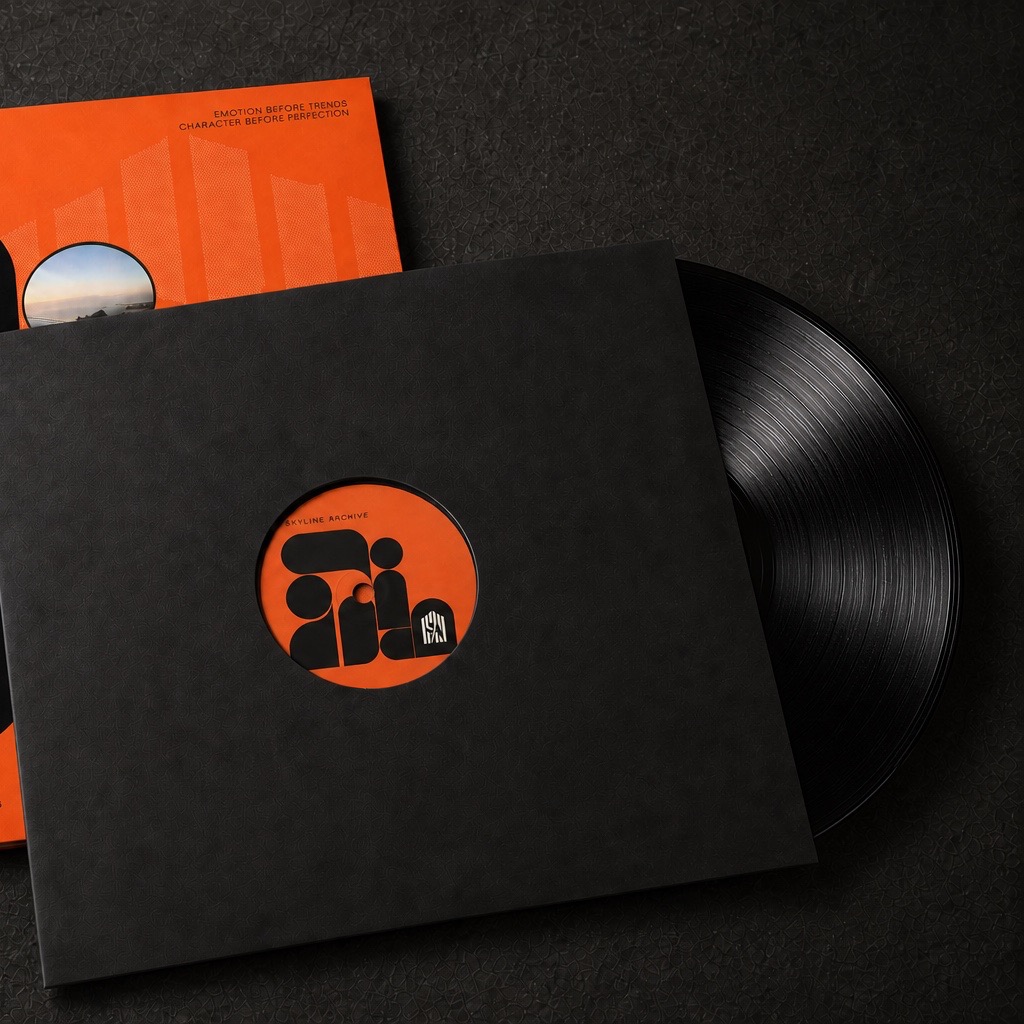 Close-up of the SALP 001 black vinyl and orange centre label